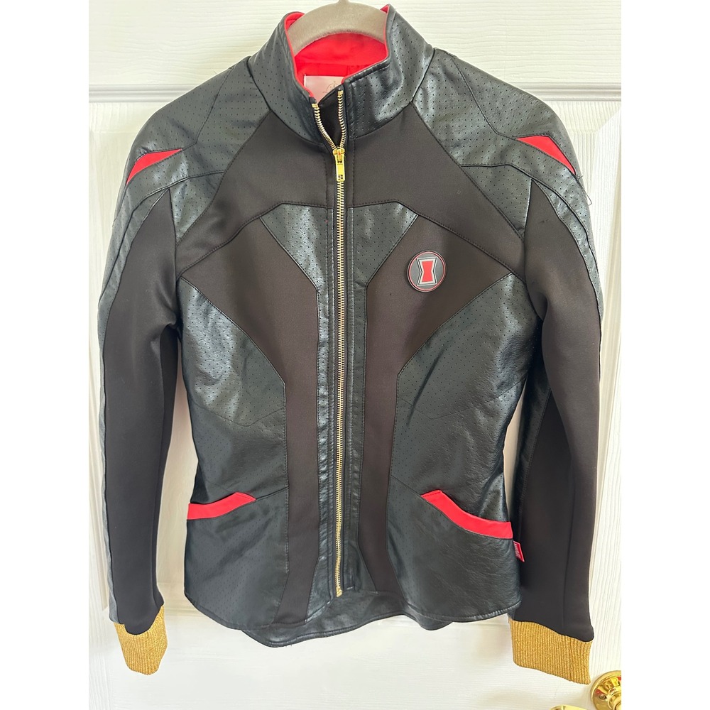 Disney Marvel Black Widow Jacket Womens XS Black Faux Leather Moto Cosplay VGUC